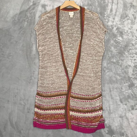 Chicos Sweater Womens Large Oatmeal Pink Copper Knit Cardigan Vest Open Front - Picture 1 of 9